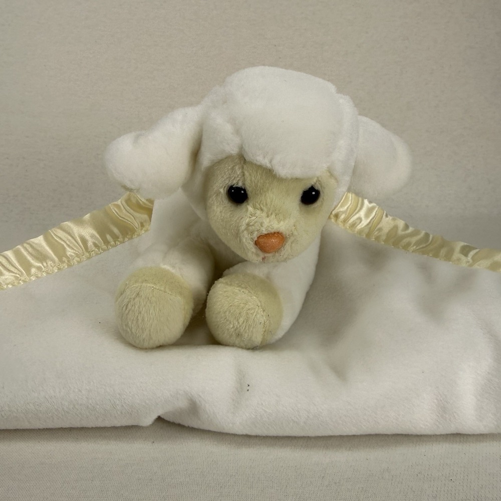 My Banky Aleigh Lamb 14 X 14 Lovey Blanket Soother Baby Stuffy Yellow Satin Trim